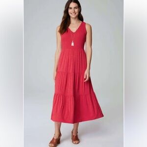 J. JILL Pink Smocked Bodice Tiered Midi Dress Size Large Casual Summer